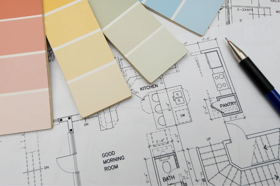 The schematic phase of commercial interior design involves choosing colors and drawing up a blueprint, pictured here.